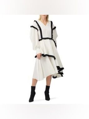 ADEAM White Black Trim Ruffle Tiered Midi Dress Asymmetrical Size 8